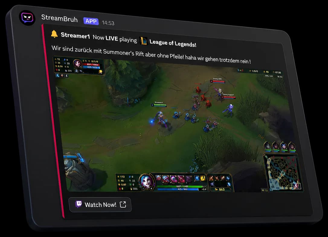 Beispiel für eine Discord-Livestream-Benachrichtigung mit einem Vorschaubild und einer Schaltfläche zum Ansehen